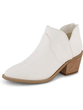 Women's White Faux Leather Ankle Pointed Toe Western Low Block Heel Zipper Boots